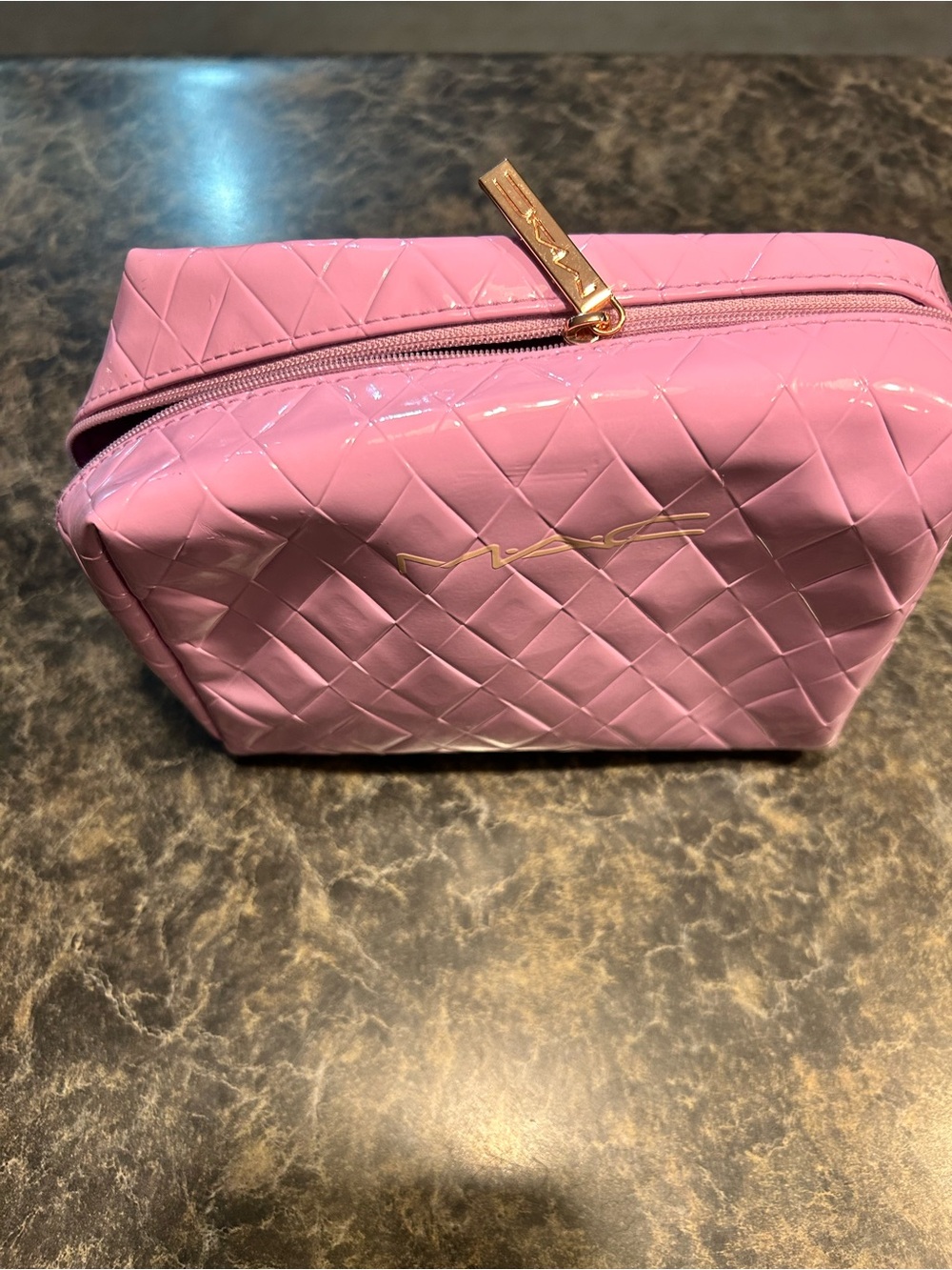 MAC Cosmetics Pink Quilted Patent Cosmetic Pouch with Gold Accents